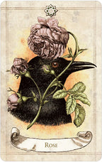 Illustration of a crow with flowers and leaves on a vintage-style card.