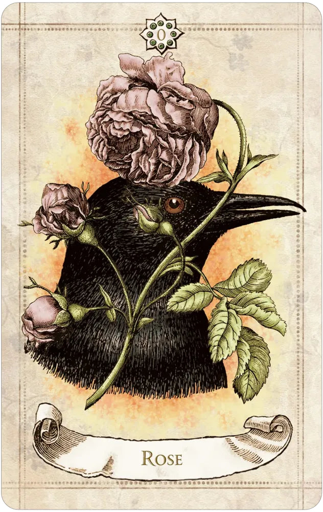 Illustration of a crow with flowers and leaves on a vintage-style card.