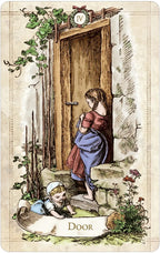 Illustration of a woman and child at a door with ivy and flowers.