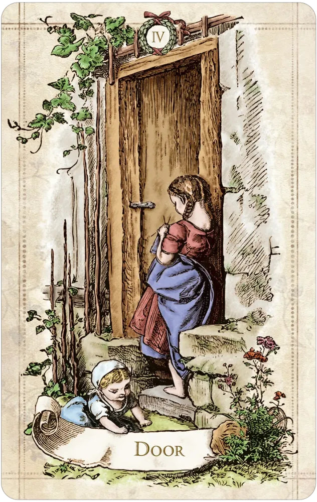 Illustration of a woman and child at a door with ivy and flowers.
