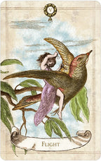 Vintage-style card with a fairy riding a large bird, set against a natural landscape.