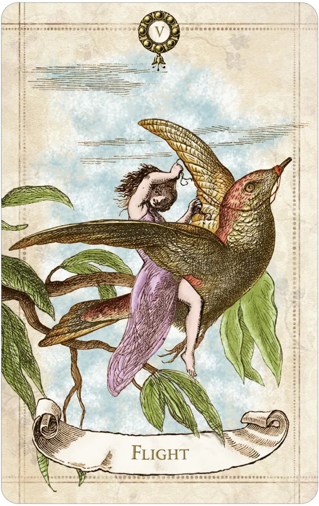 Vintage-style card with a fairy riding a large bird, set against a natural landscape.
