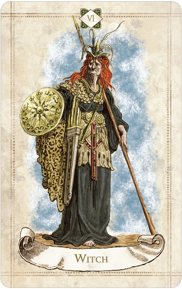 Tarot card featuring a witch with armor and a staff against a light blue background