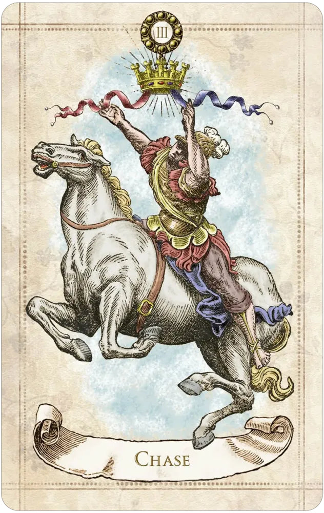 Vintage-style card with a horse and rider, featuring the word 'Chase'.