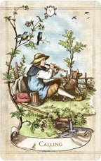 Vintage-style illustration of a man playing a flute with animals around him, labeled 'Calling'.