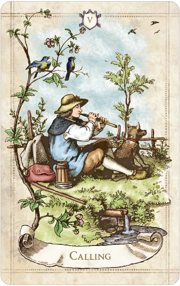 Vintage-style illustration of a man playing a flute with animals around him, labeled 'Calling'.