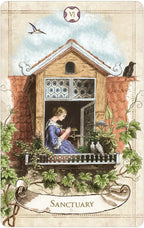 Tarot card titled 'Sanctuary' with a woman reading a book in a garden.