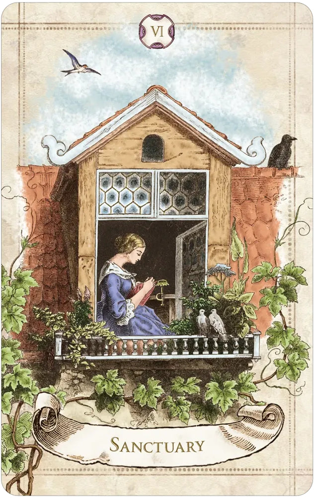 Tarot card titled 'Sanctuary' with a woman reading a book in a garden.
