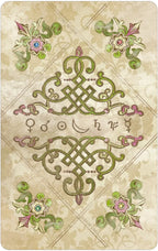 Decorative card with Celtic knot design and floral elements on a beige background