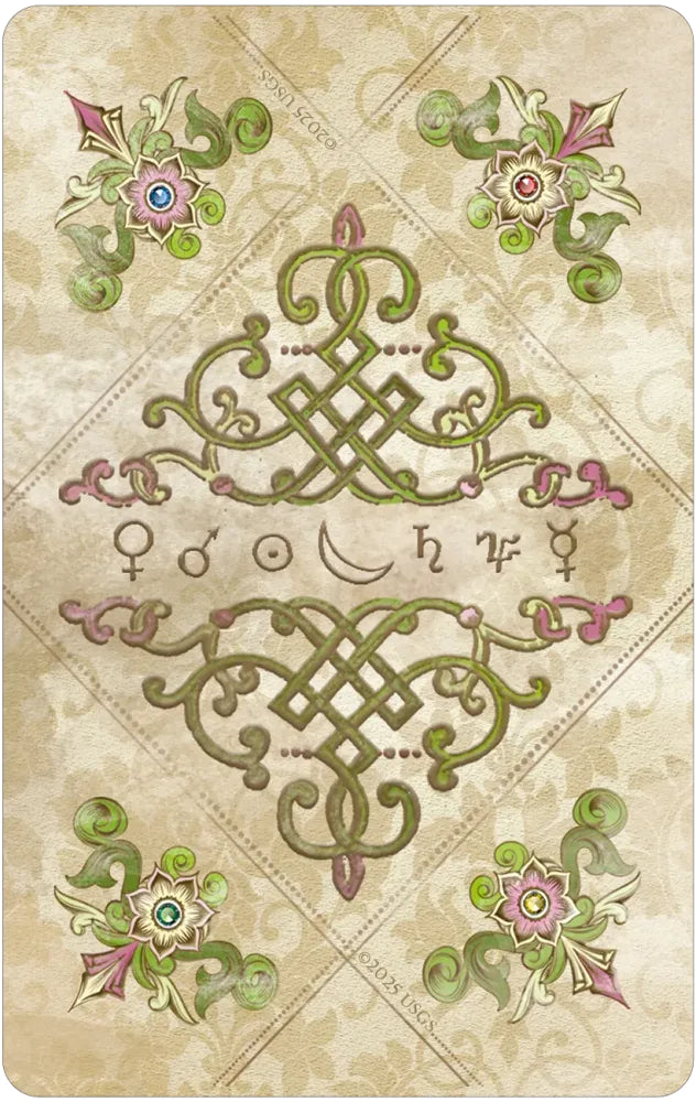 Decorative card with Celtic knot design and floral elements on a beige background