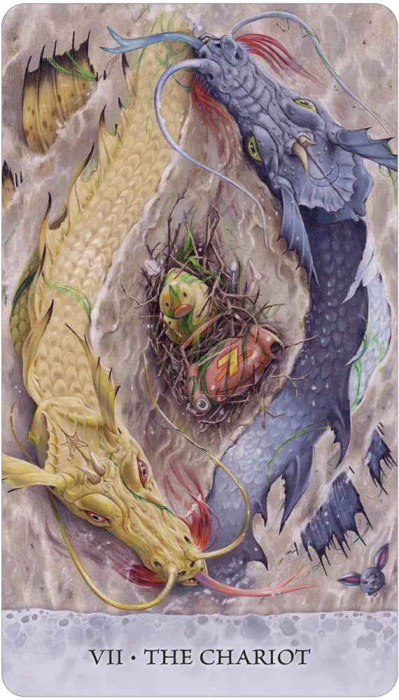 Card titled 'The Chariot' featuring dragons and a nest with eggs.