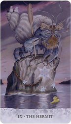Tarot card titled 'The Hermit' with mystical elements and a duck in water.