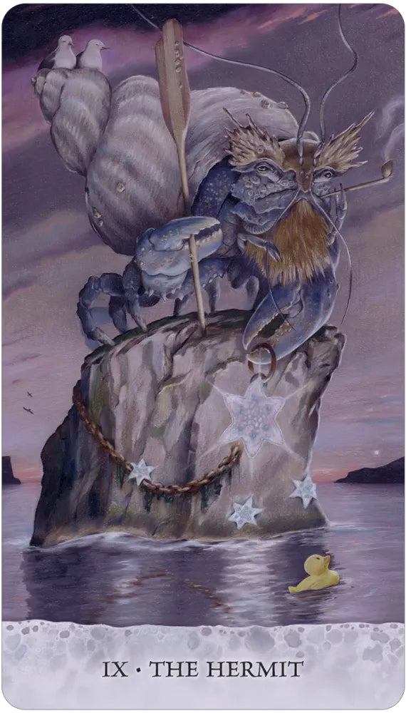 Tarot card titled 'The Hermit' with mystical elements and a duck in water.