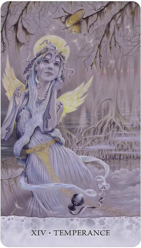Tarot card featuring an angelic figure with wings and a flowing dress, surrounded by nature elements.