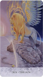 Card featuring a winged lion with flames, labeled 'XIX The Sun', on a mystical background.