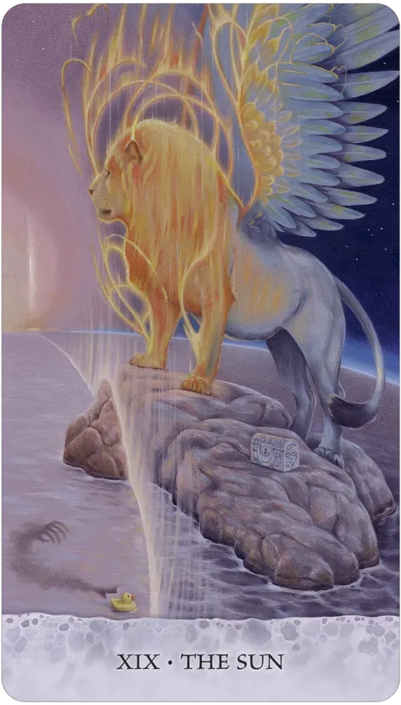 Card featuring a winged lion with flames, labeled 'XIX The Sun', on a mystical background.