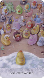 Collection of colorful rubber duck toys on a wooden surface with 'The World' card from a tarot deck.
