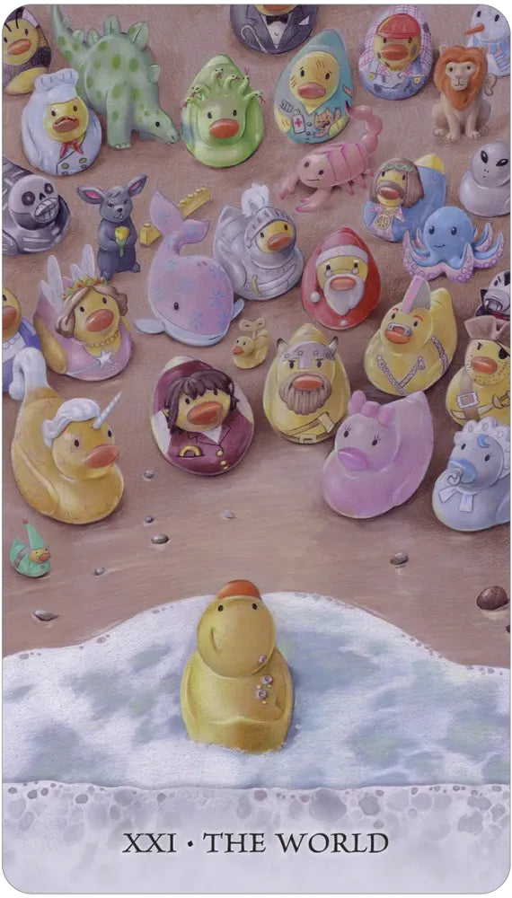 Collection of colorful rubber duck toys on a wooden surface with 'The World' card from a tarot deck.