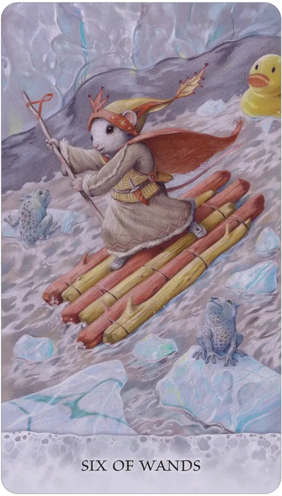 Card featuring a mouse character with wands on ice, labeled 'Six of Wands'.