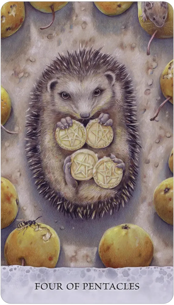 Hedgehog holding pentacle symbols surrounded by apples on a textured background