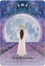 Person in a white dress holding a wreath in front of a large moon with astrological symbols, set against a purple and blue cosmic background.