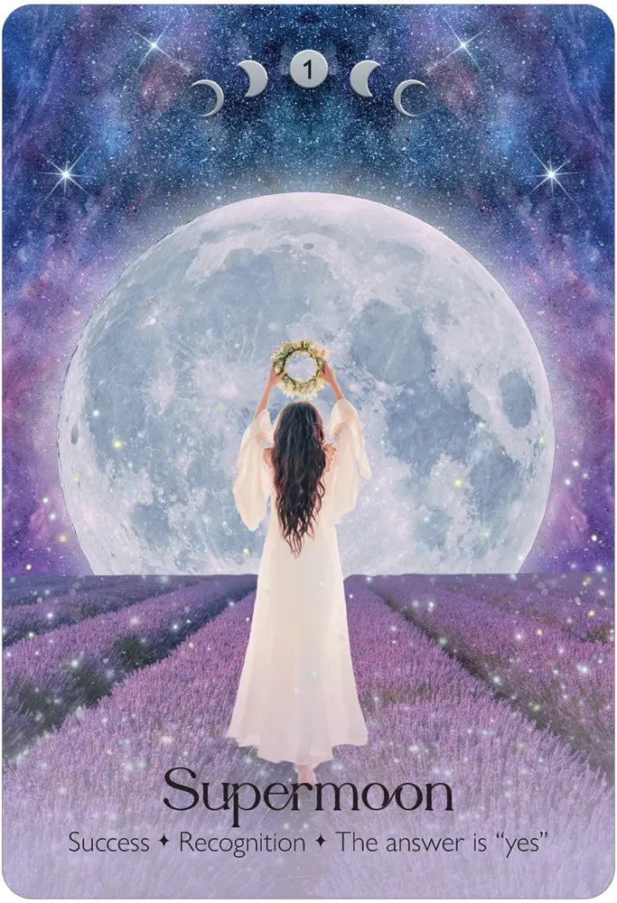 Person in a white dress holding a wreath in front of a large moon with astrological symbols, set against a purple and blue cosmic background.