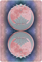 Decorative card with pink lotus flowers and celestial design on a gradient background