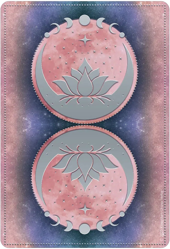Decorative card with pink lotus flowers and celestial design on a gradient background