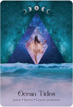 Tarot card titled 'Ocean Tides' with a person in a triangle and celestial design.