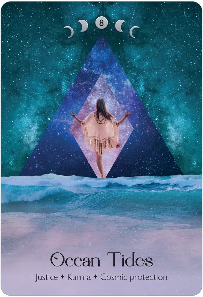 Tarot card titled 'Ocean Tides' with a person in a triangle and celestial design.