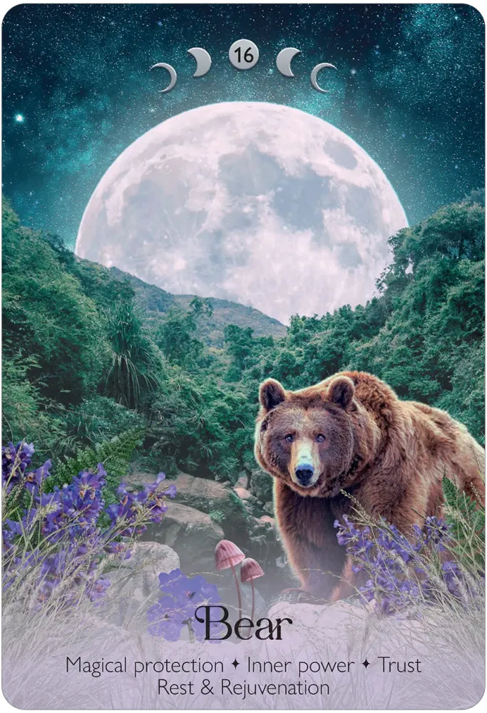 Bear in a forest with a large moon and purple flowers, tarot card style.