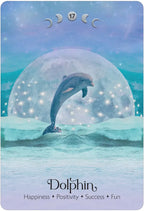 Dolphin leaping out of water with a mystical moon in the background, symbolizing happiness, positivity, success, and fun.