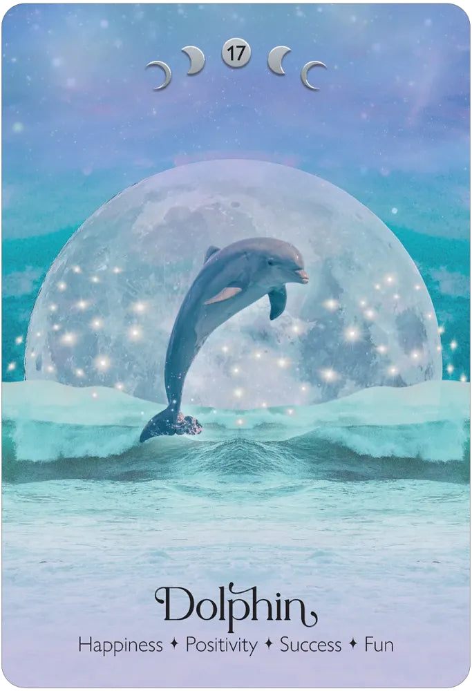 Dolphin leaping out of water with a mystical moon in the background, symbolizing happiness, positivity, success, and fun.