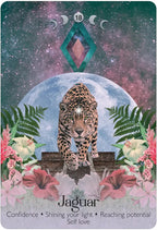 Card featuring a jaguar with floral elements and celestial background
