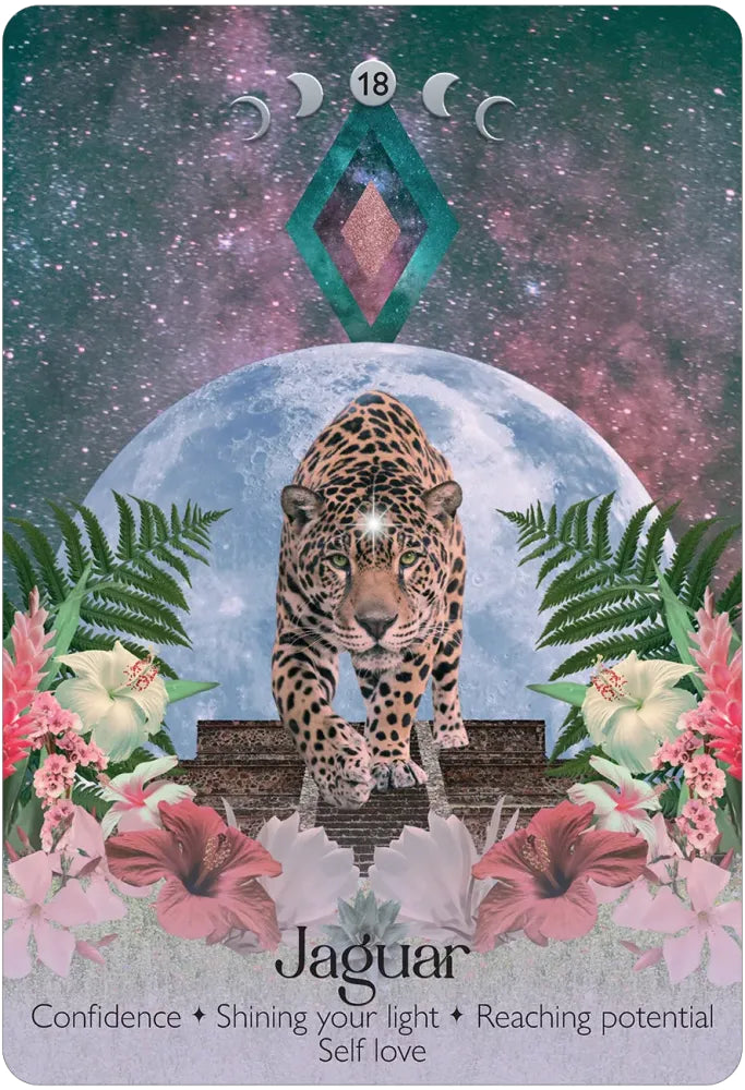 Card featuring a jaguar with floral elements and celestial background