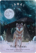 Card featuring a wolf under a moonlit sky with crystals and a raven.