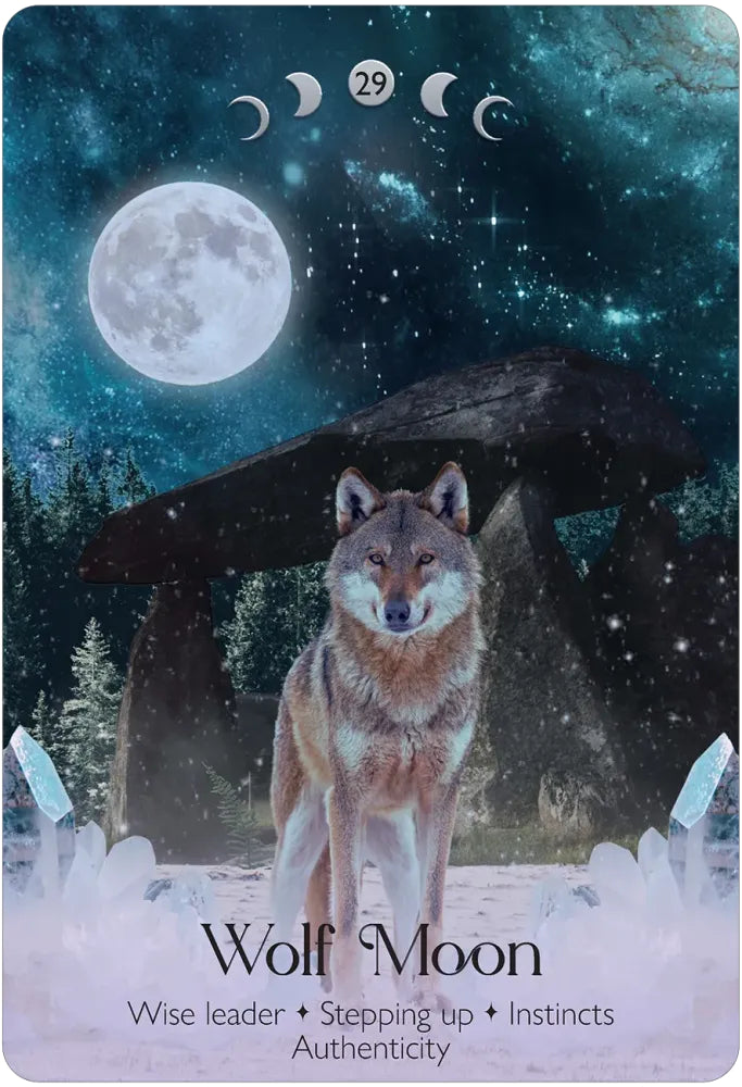 Card featuring a wolf under a moonlit sky with crystals and a raven.