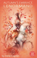 Book cover of 'Autumn's Embrace Lenormand' featuring a woman on a horse with autumn leaves.