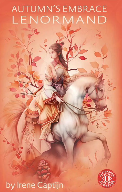 Book cover of 'Autumn's Embrace Lenormand' featuring a woman on a horse with autumn leaves.