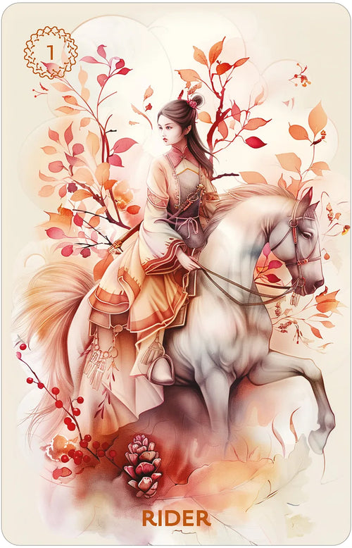 Card featuring a woman on a horse surrounded by autumn leaves and flowers, with 'RIDER' at the bottom.