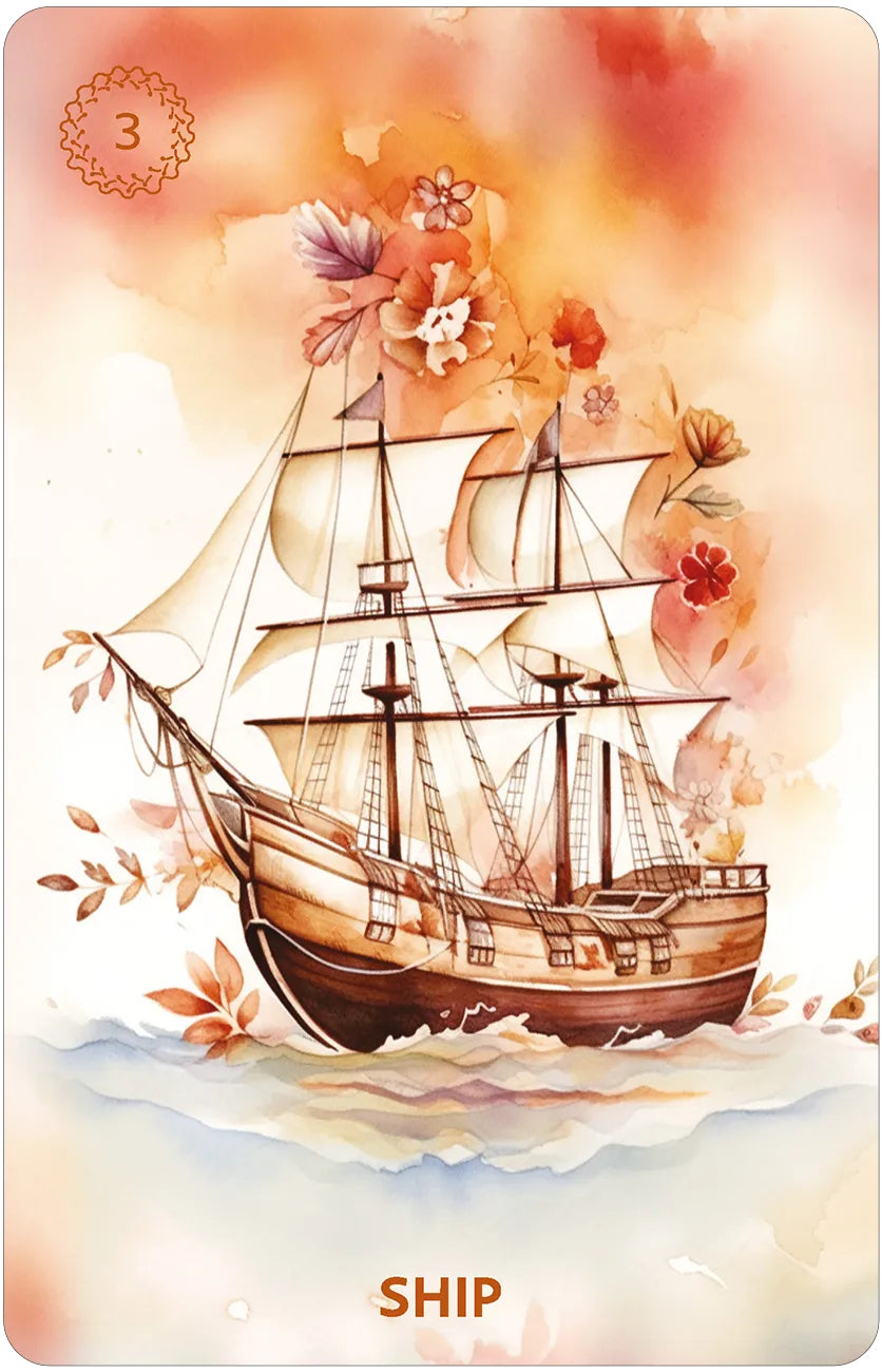 Decorative card with a ship illustration and floral elements on a soft background