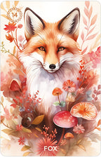Illustration of a fox surrounded by flowers and mushrooms with 'FOX' branding.