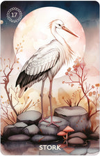 Illustration of a stork standing on rocks with a full moon in the background