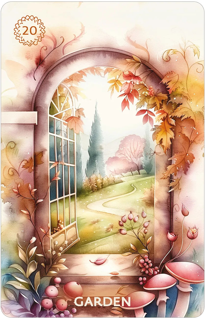 Illustration of a garden gate with autumn leaves and flowers, labeled 'Garden'.