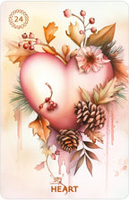 Card with a heart surrounded by autumn elements like leaves and pinecones on a warm-toned background.
