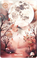 Card with a full moon and autumnal trees on a pink background, labeled 'Moon'.