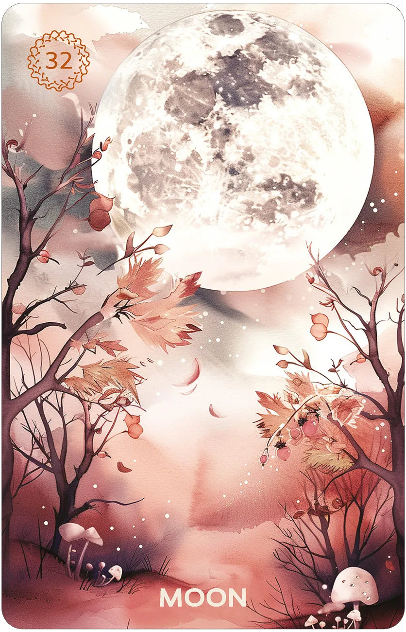 Card with a full moon and autumnal trees on a pink background, labeled 'Moon'.