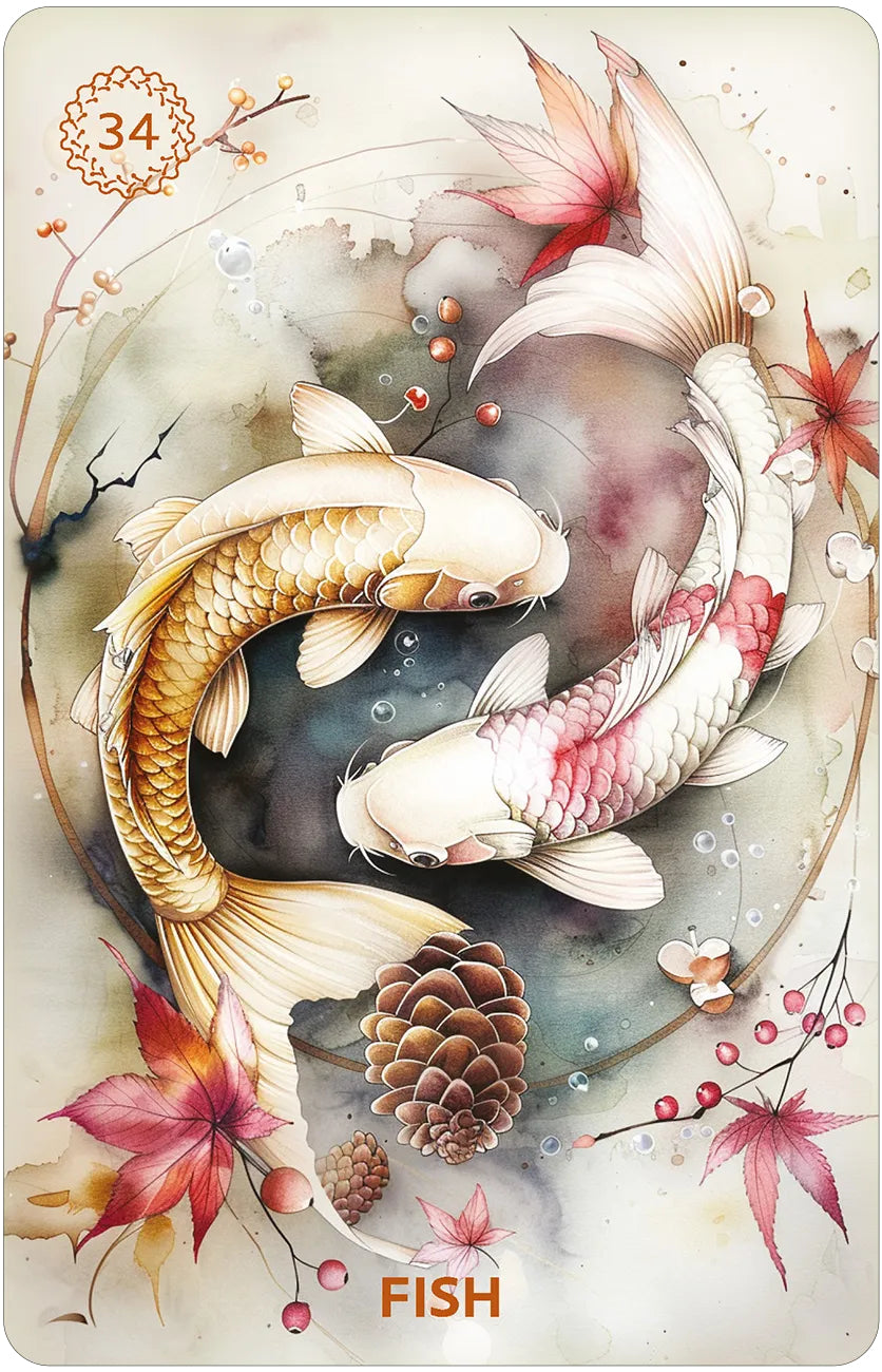 Illustration of koi fish with flowers and leaves on a card labeled 'Fish'.