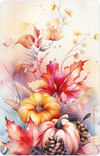 Autumn-themed design with pumpkins, leaves, and flowers on a light background