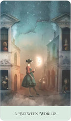 Illustration of a woman holding a lantern in an architectural setting with a dreamy atmosphere.